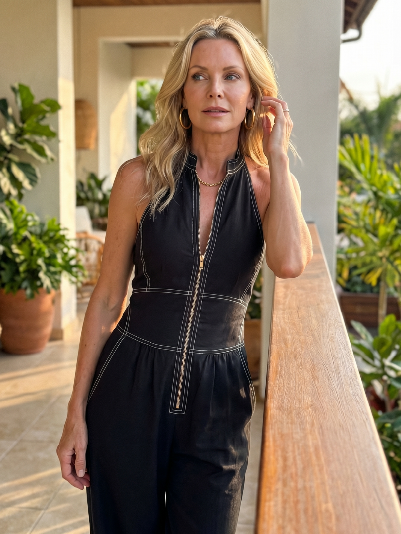 Maewyn | Zip Front Contrast Stitch Wide Leg Jumpsuit