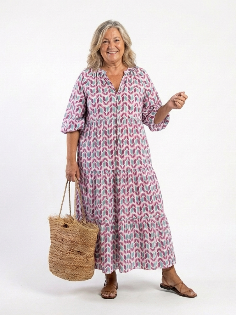 Corbeth | Geometric Print Long Sleeve Tiered Midi Dress
