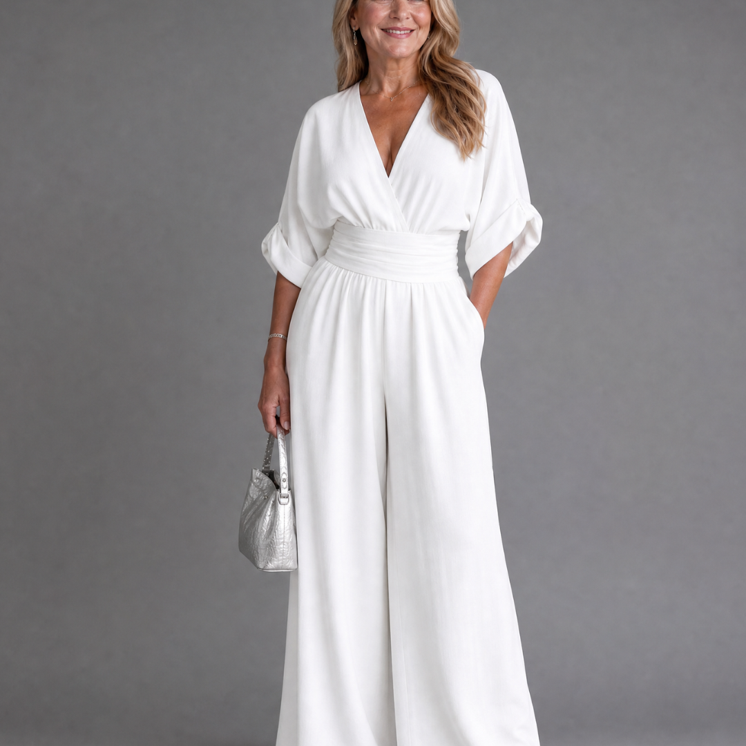 Persia | Draped V Neck Wide Leg Relaxed Jumpsuit