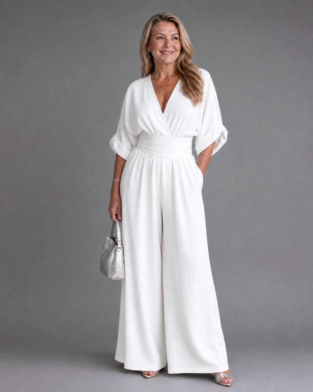 Persia | Draped V Neck Wide Leg Relaxed Jumpsuit