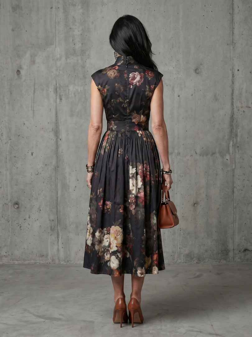 Serania | High Neck Keyhole Floral Pleated Midi Dress