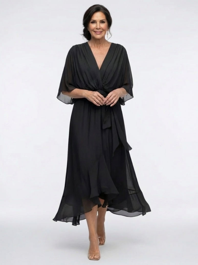 Mirmarie | V Neck Draped Waist Tie Midi Dress