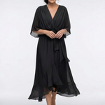 Mirmarie | V Neck Draped Waist Tie Midi Dress