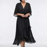 Mirmarie | V Neck Draped Waist Tie Midi Dress