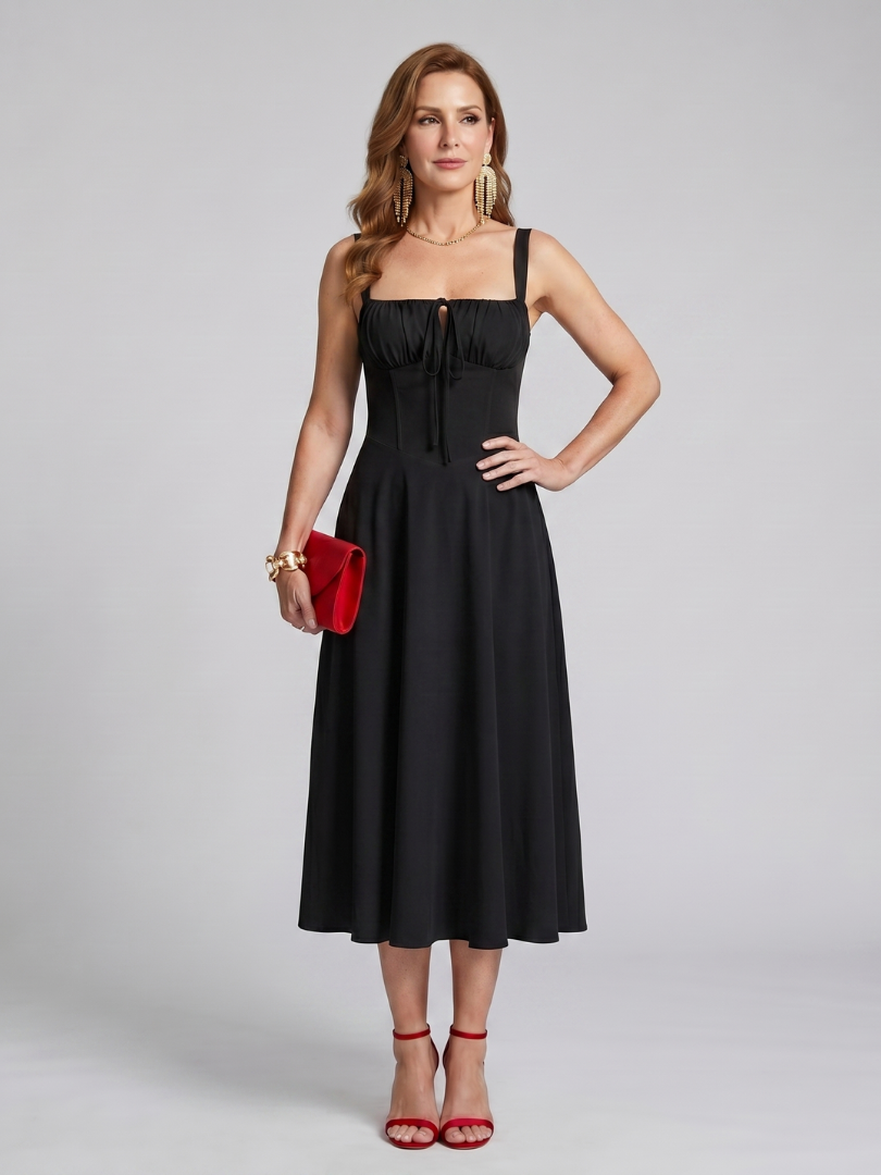 Kalwynne | Spaghetti Strap Ruched Bodice Midi Dress