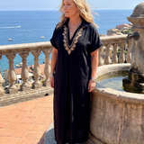 Kalthea | Short Sleeve V Neck  Embroidered Detail Midi Dress
