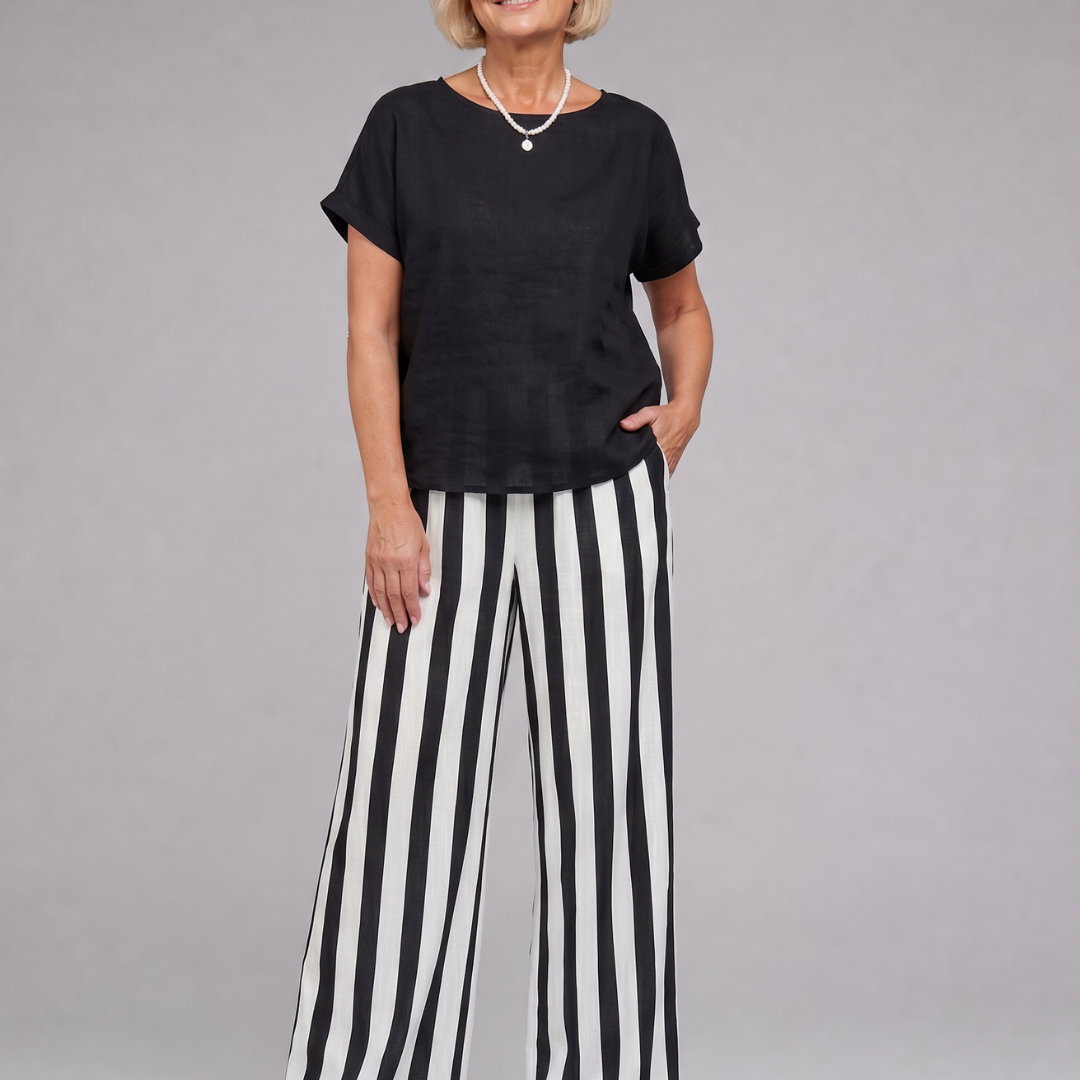 Magdara | Linen Blend Top And Striped Wide Leg Pants Set