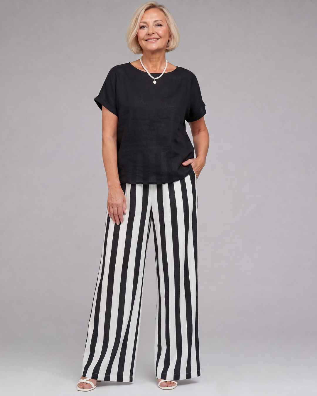 Magdara | Linen Blend Top And Striped Wide Leg Pants Set