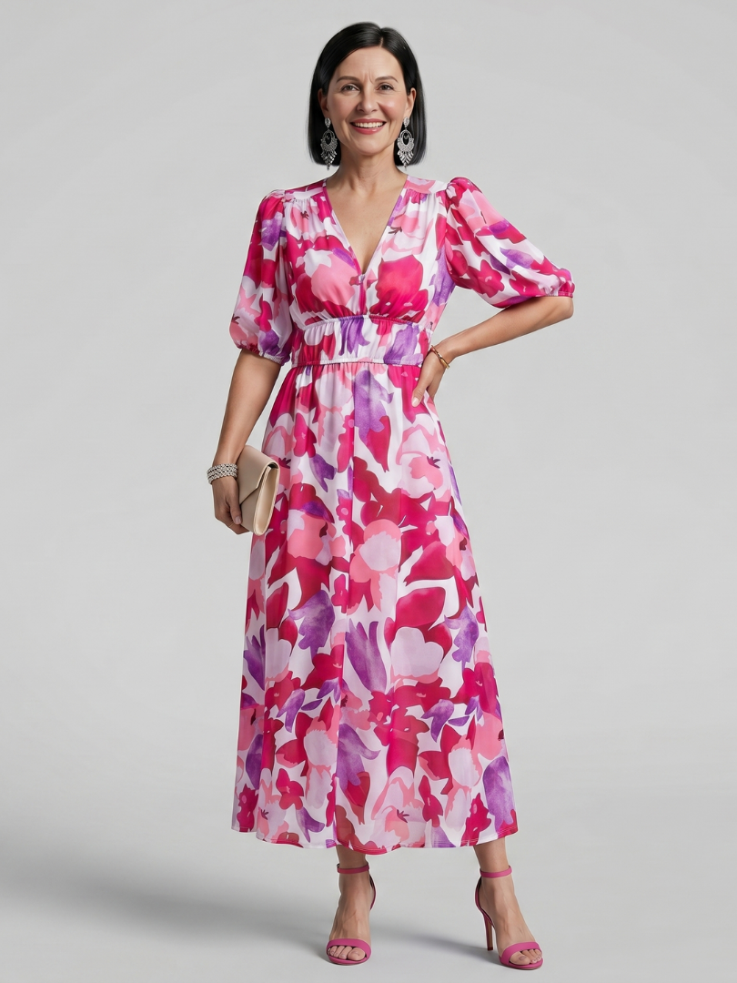 Larette | Puff Sleeve V Neck Abstract Print Midi Dress