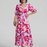 Larette | Puff Sleeve V Neck Abstract Print Midi Dress