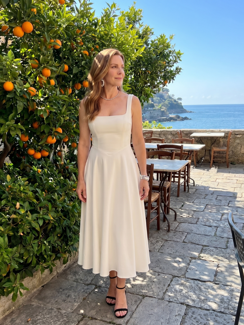 Dalbelle | Sleeveless Square Neck Flared Skirt Midi Dress