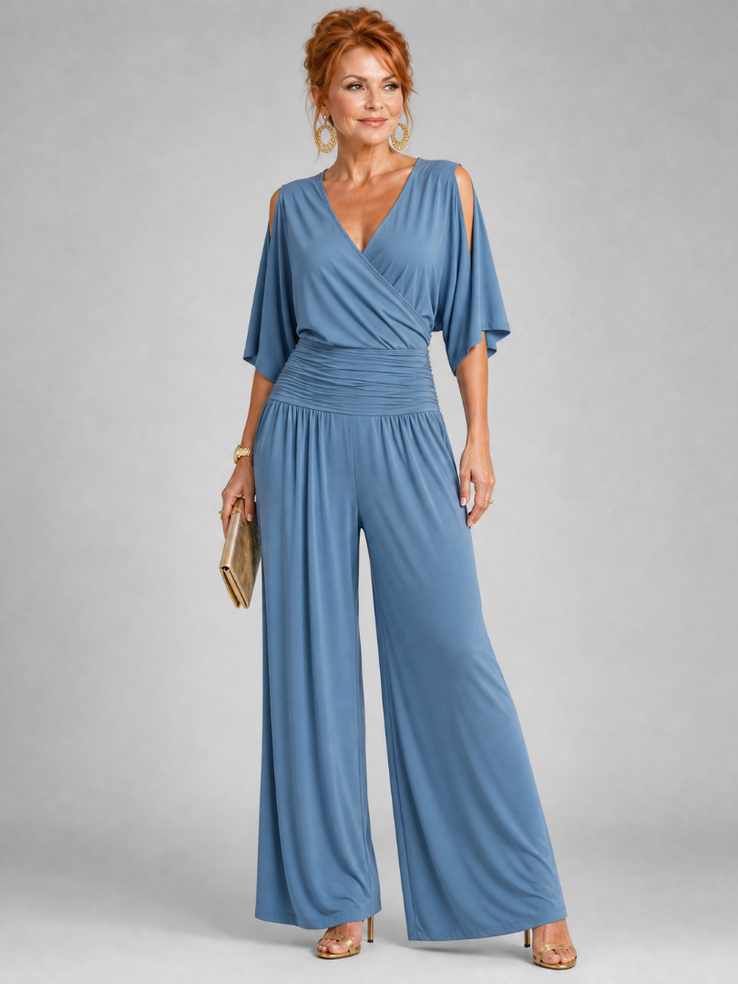 Lioravia | Cold Shoulder Wrap Wide Leg Jumpsuit