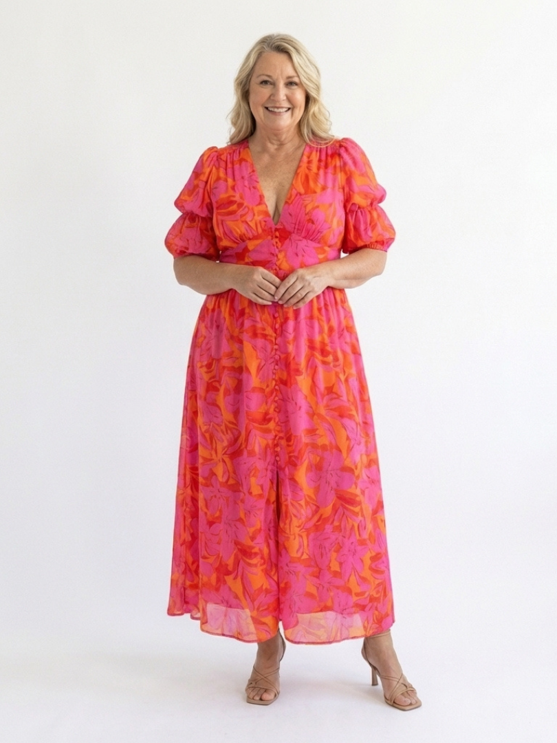 Gretasia | Floral V Neck Puff Sleeve Midi Dress