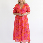 Gretasia | Floral V Neck Puff Sleeve Midi Dress