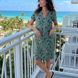 Merine | Leaf Print V Neck Knee Length Dress