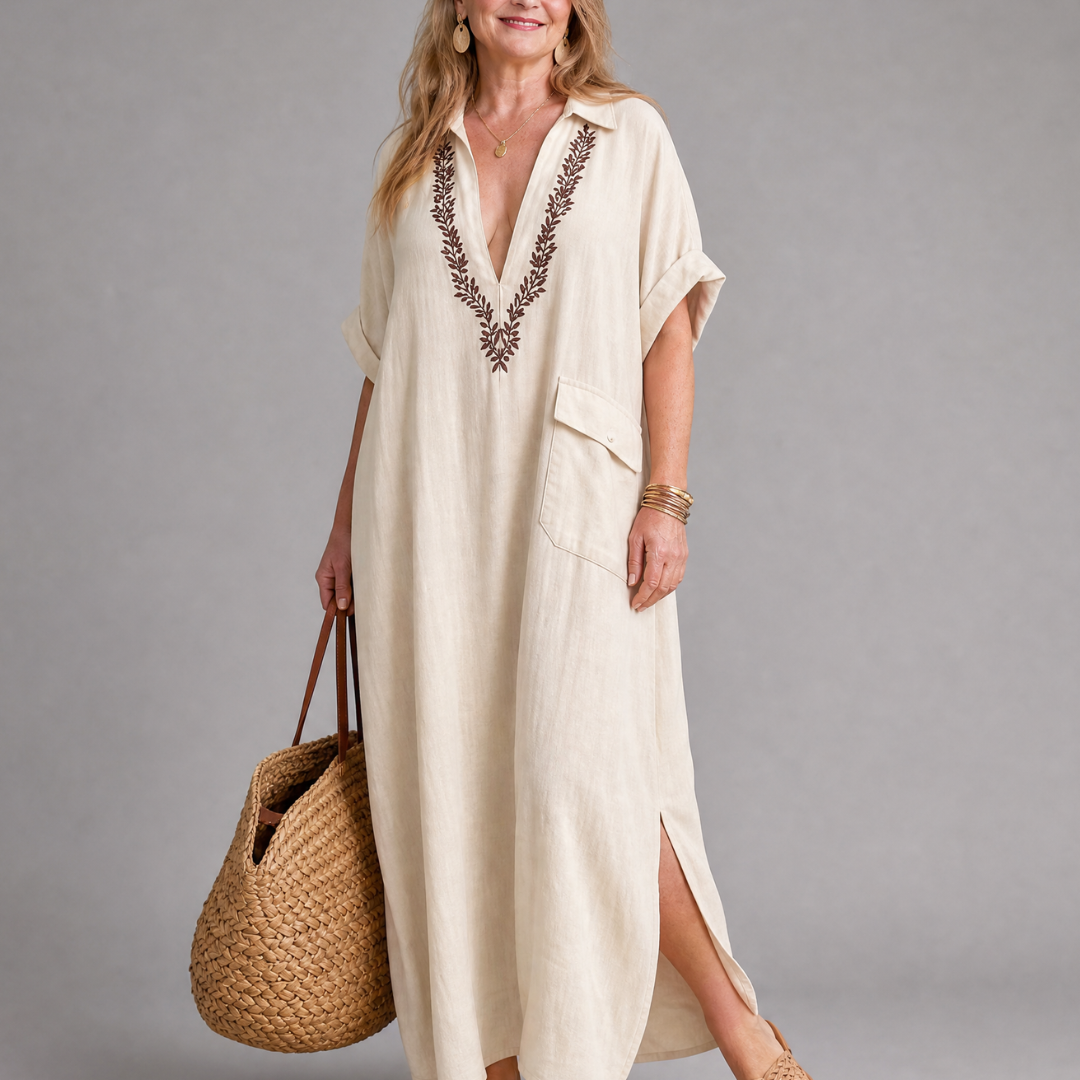 Faera | Embroidered V Neck Pocket Detail Relaxed Midi Dress