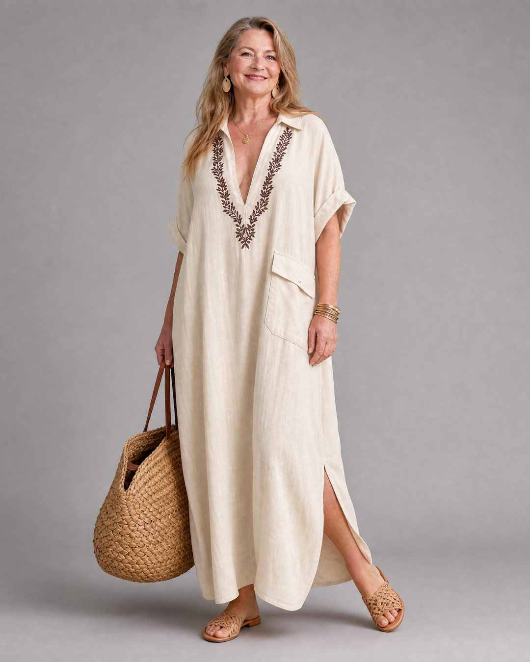 Faera | Embroidered V Neck Pocket Detail Relaxed Midi Dress