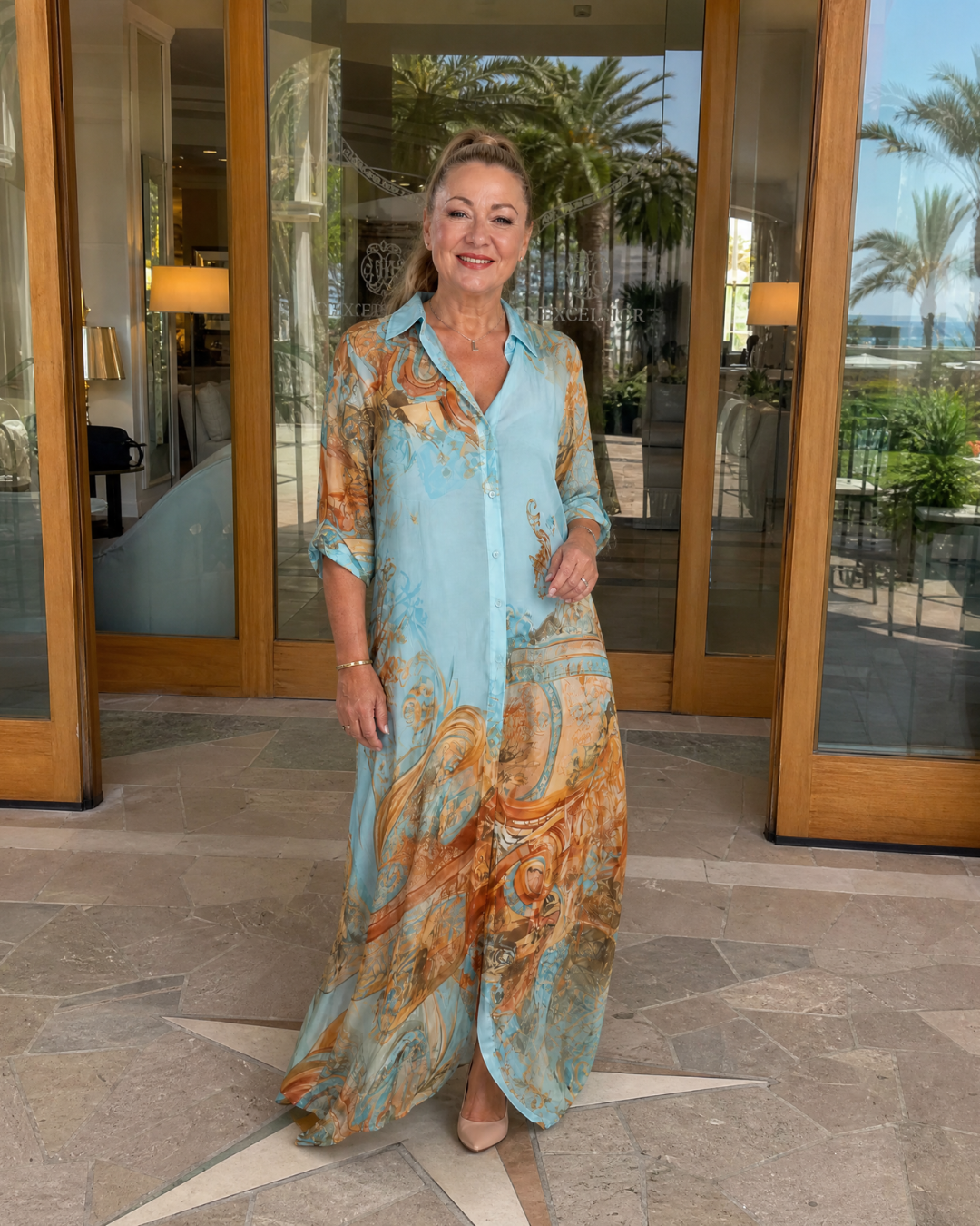 Caswyn | Baroque Print Button Front Flowing Maxi Dress