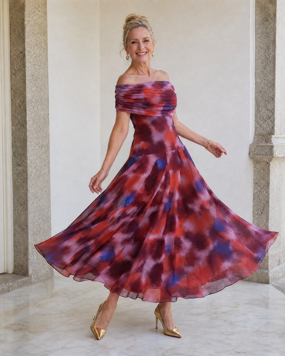 Sennia | Off Shoulder Watercolor Print Flowing Midi Dress