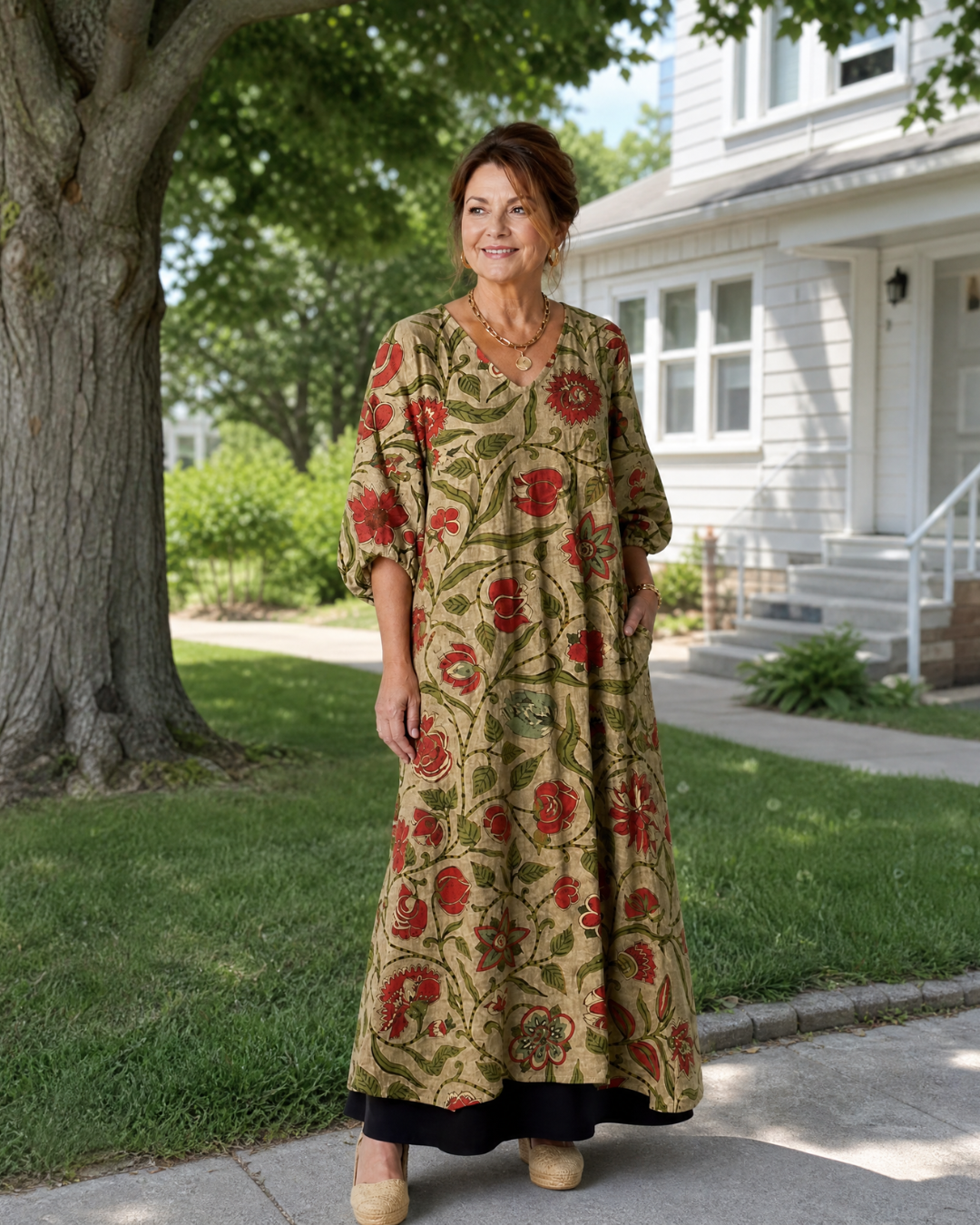 Lunwynne | Botanical Print Relaxed Three Quarter Sleeve Midi Dress