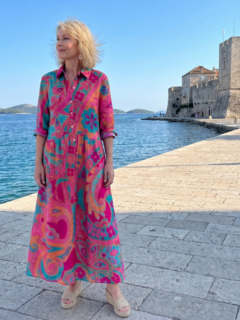 Lilamae | Printed Button Front Collared Midi Dress