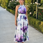 Teslia | Soft Bloom Halter Neck Flowing Midi Dress