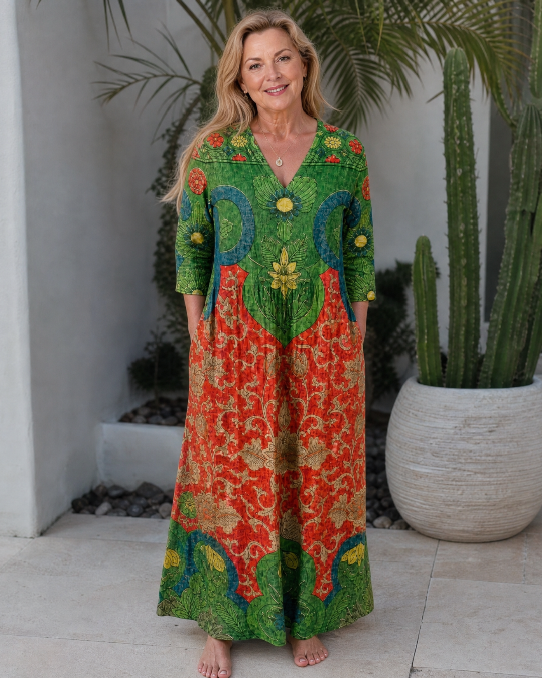 Tesra | Abstract Vintage Print Relaxed Three Quarter Sleeve Midi Dress