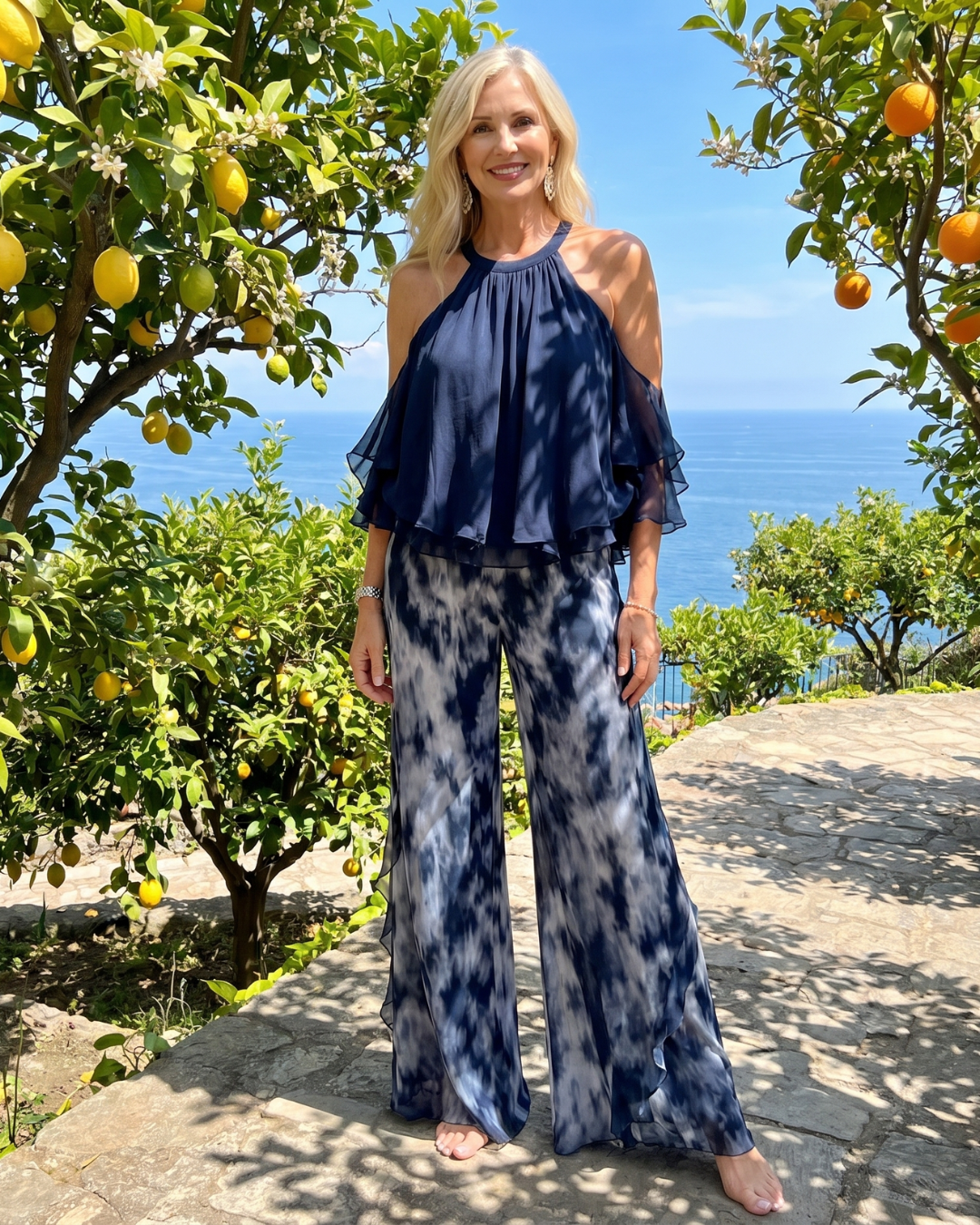 Pera | Layered Halter Neck Printed Wide Leg Set