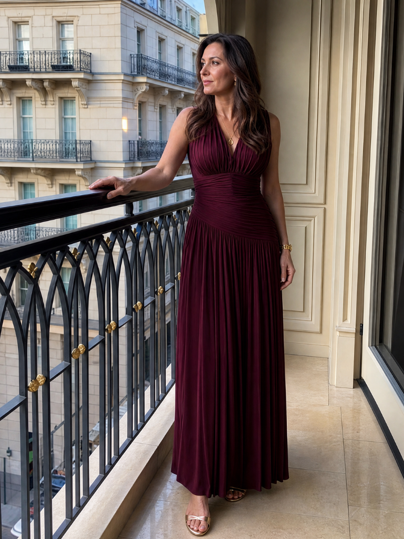 Viosia | Sleeveless Pleated V Neck Midi Dress