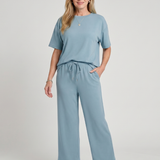 Wilnia | Short Sleeve Drawstring Waist And Straight Leg Pants Set