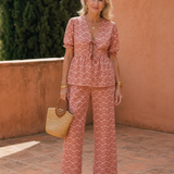 Lunra | Floral Print Puff Sleeve Top And Straight Leg Pants Set