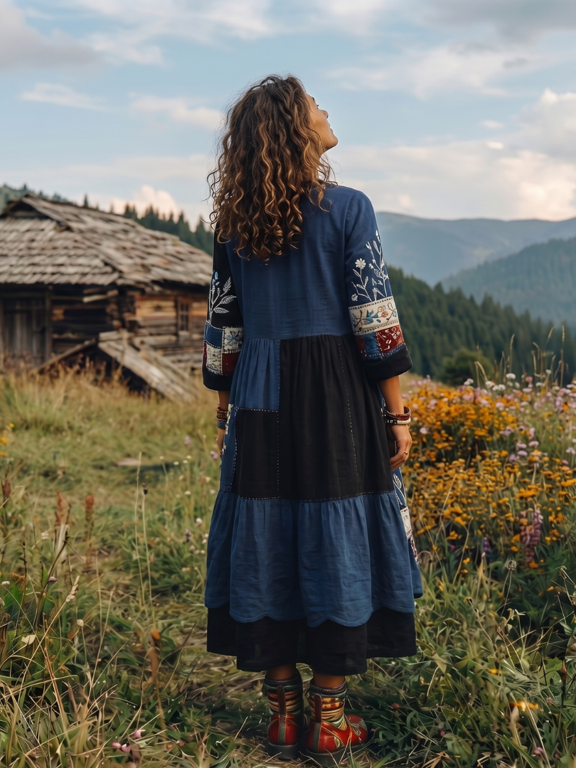 Fiodra | Embroidered Panel Long Sleeve Midi Dress