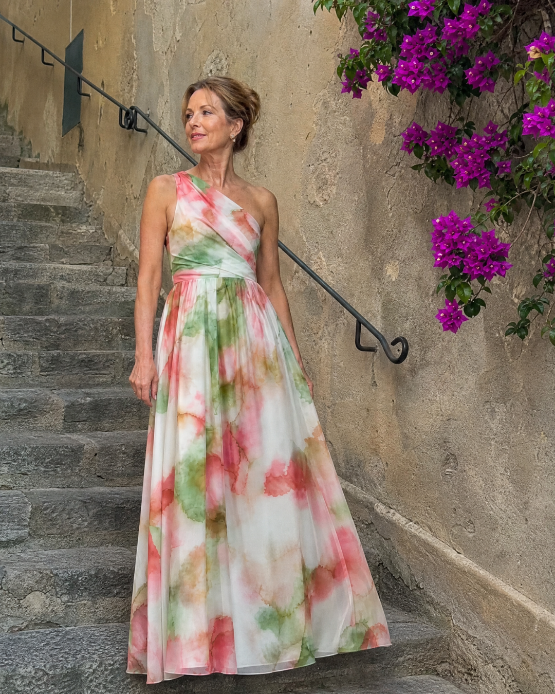 Linnla | Watercolor One Shoulder Flowing Maxi Dress