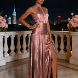Nevrin | Halter Neck Pleated High Slit Maxi Dress