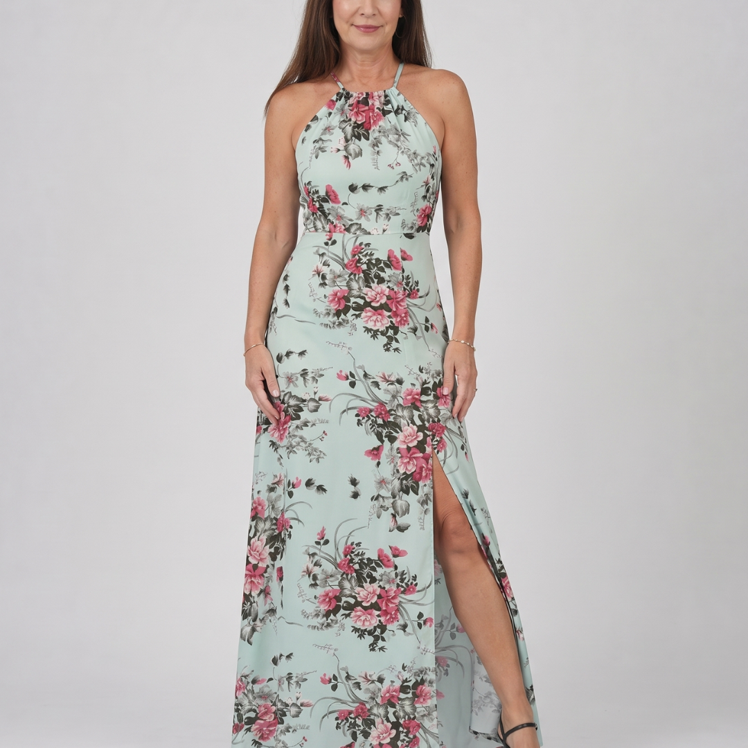 Saffwyn | Floral Halter Neck Side Slit Midi Dress