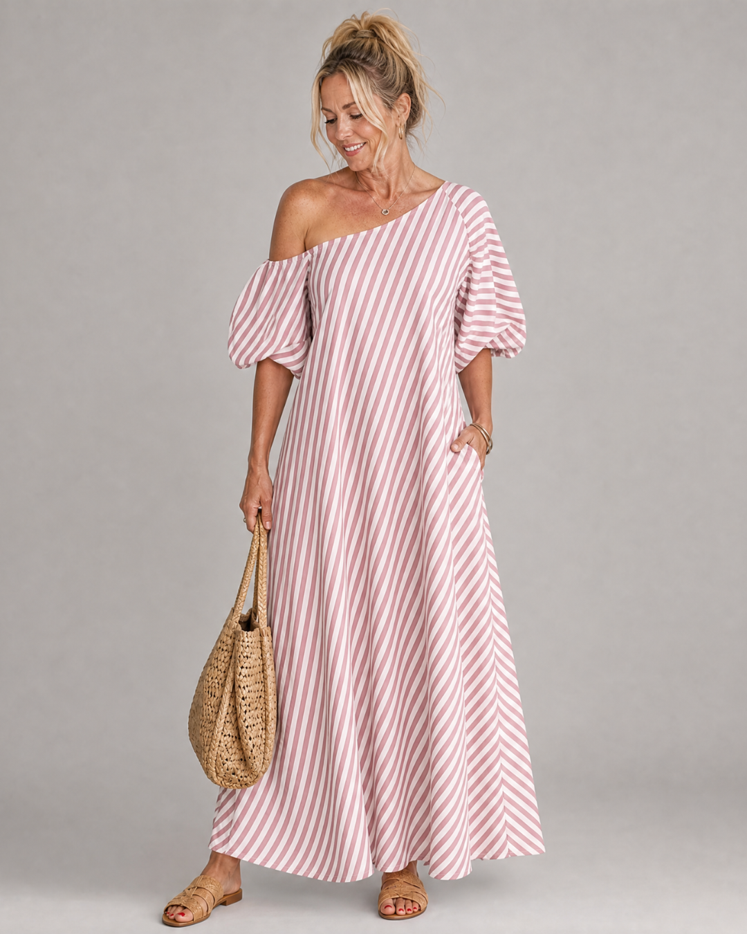 Faela | Striped Off Shoulder Puff Sleeve Midi Dress