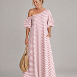 Faela | Striped Off Shoulder Puff Sleeve Midi Dress