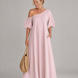Faela | Striped Off Shoulder Puff Sleeve Midi Dress