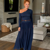 Viowen | One Shoulder Fitted Top And Pleated Maxi Skirt Set