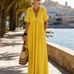 Faerose | Textured V Neck Short Sleeve Flowing Midi Dress