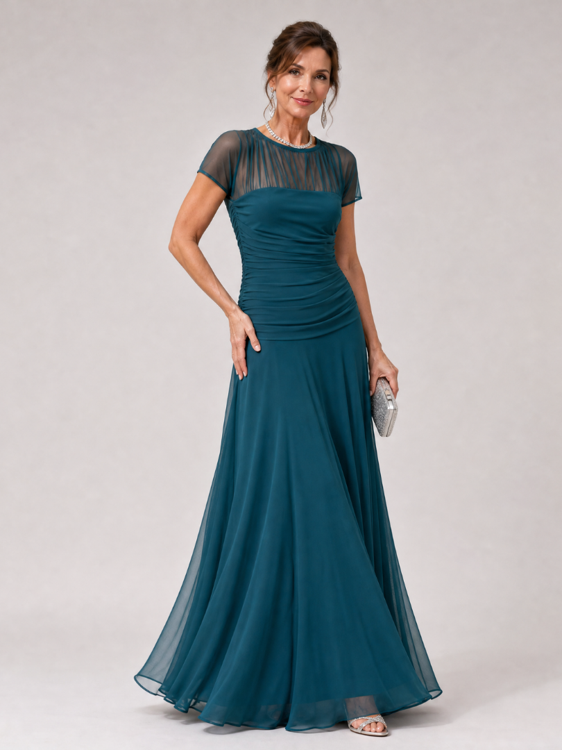 Orlalora | Mesh Yoke Ruched Maxi Dress