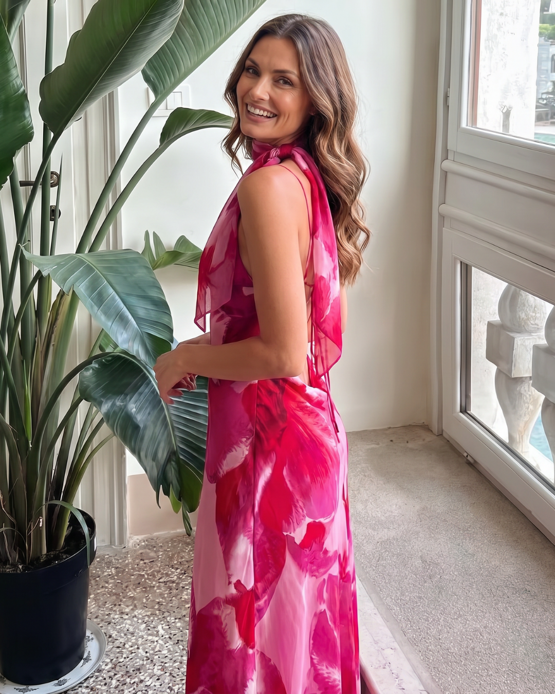 Tovamae | Watercolor Print Sleeveless Deep V Midi Dress