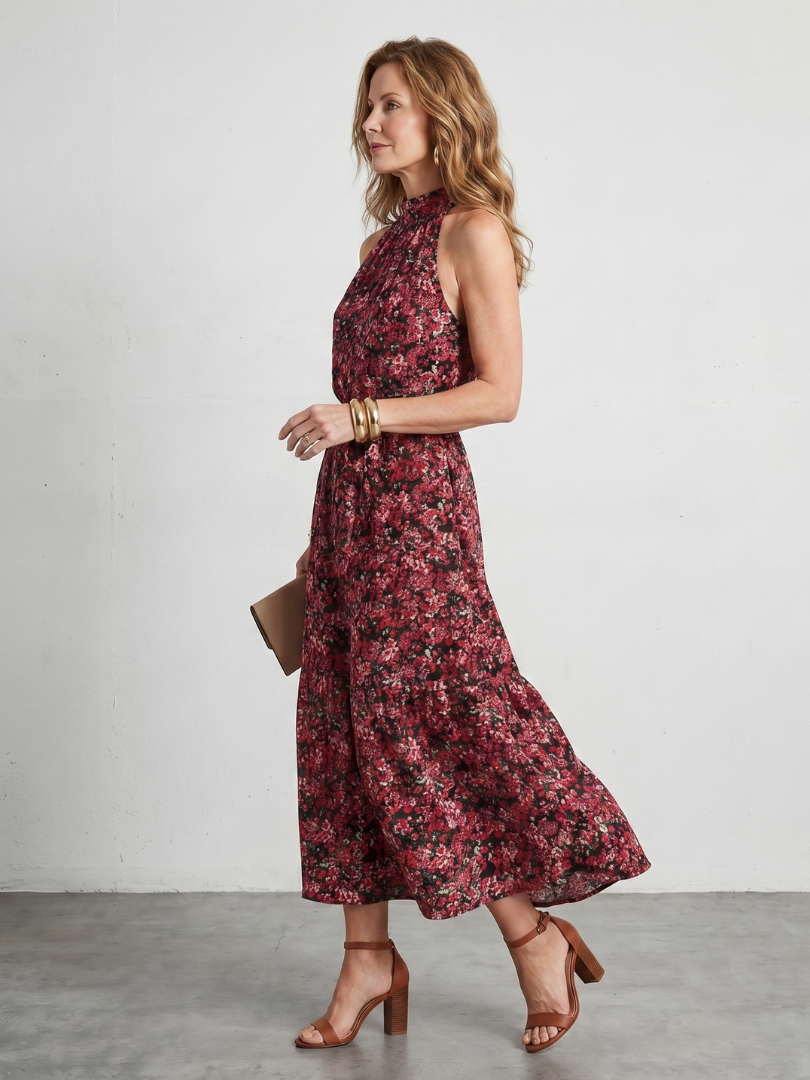 Tesdra | High Neck Floral Tiered Midi Dress