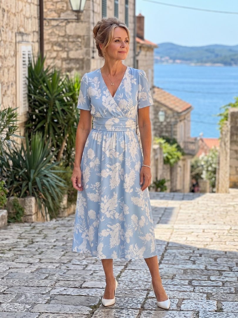 Serwynne | Floral Print Short Sleeve V Neck Midi Dress