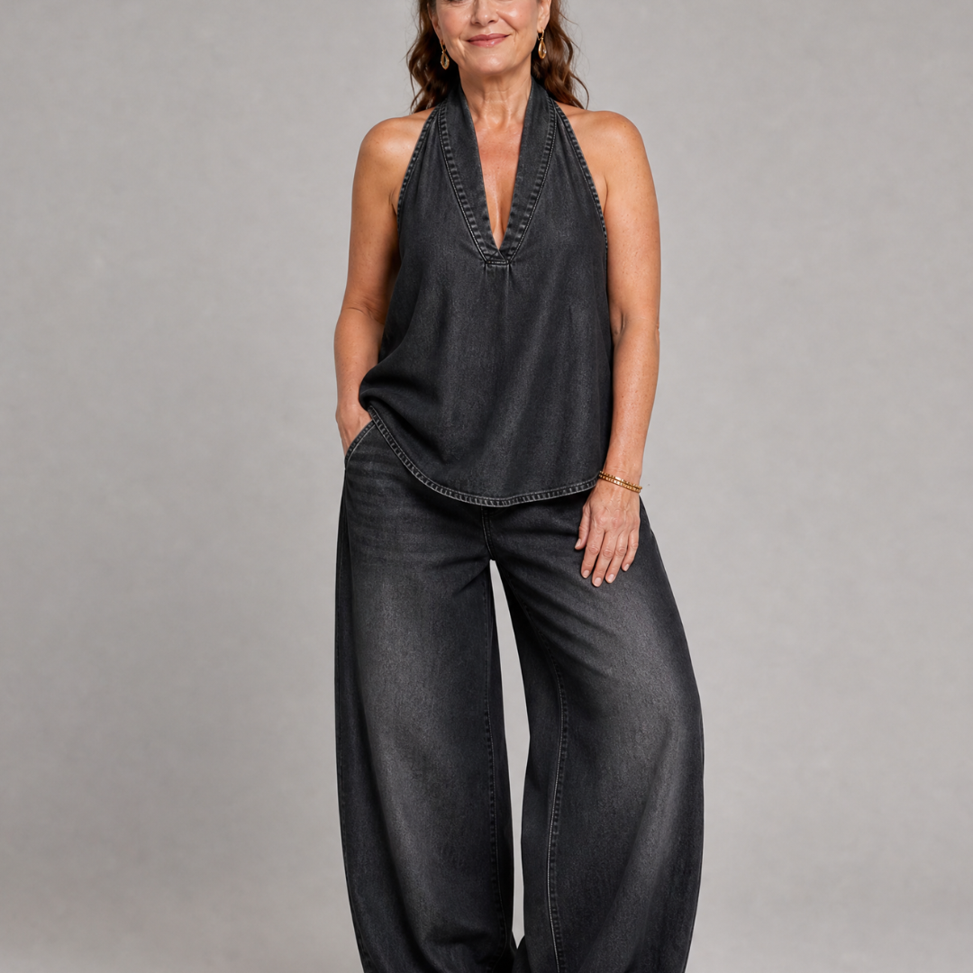 Tallyn | Halter Neck Denim Top And Wide Leg Pants Set