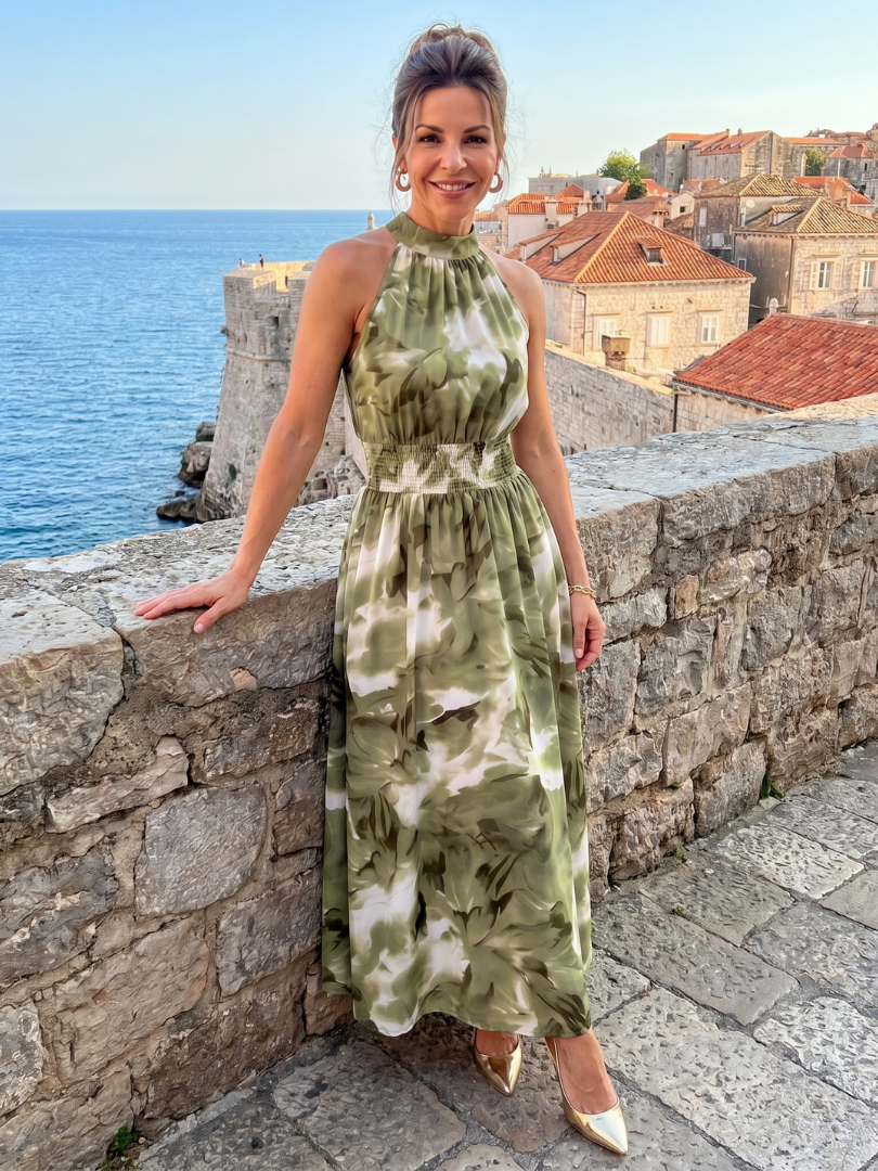 Fionia | Gathered Waist Abstract Print Midi Dress