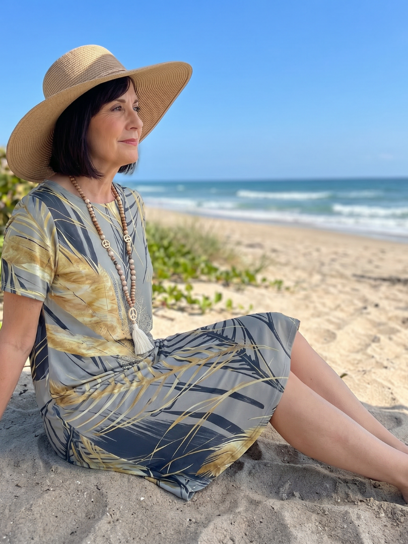 Maerose | Round Neck Plant Print Midi Dress