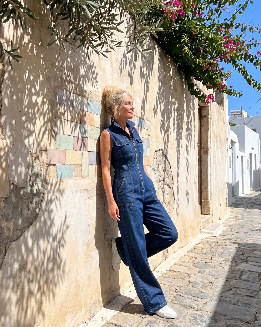 Vesda | Zip Front Sleeveless Denim Wide Leg Jumpsuit