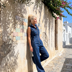 Vesda | Zip Front Sleeveless Denim Wide Leg Jumpsuit