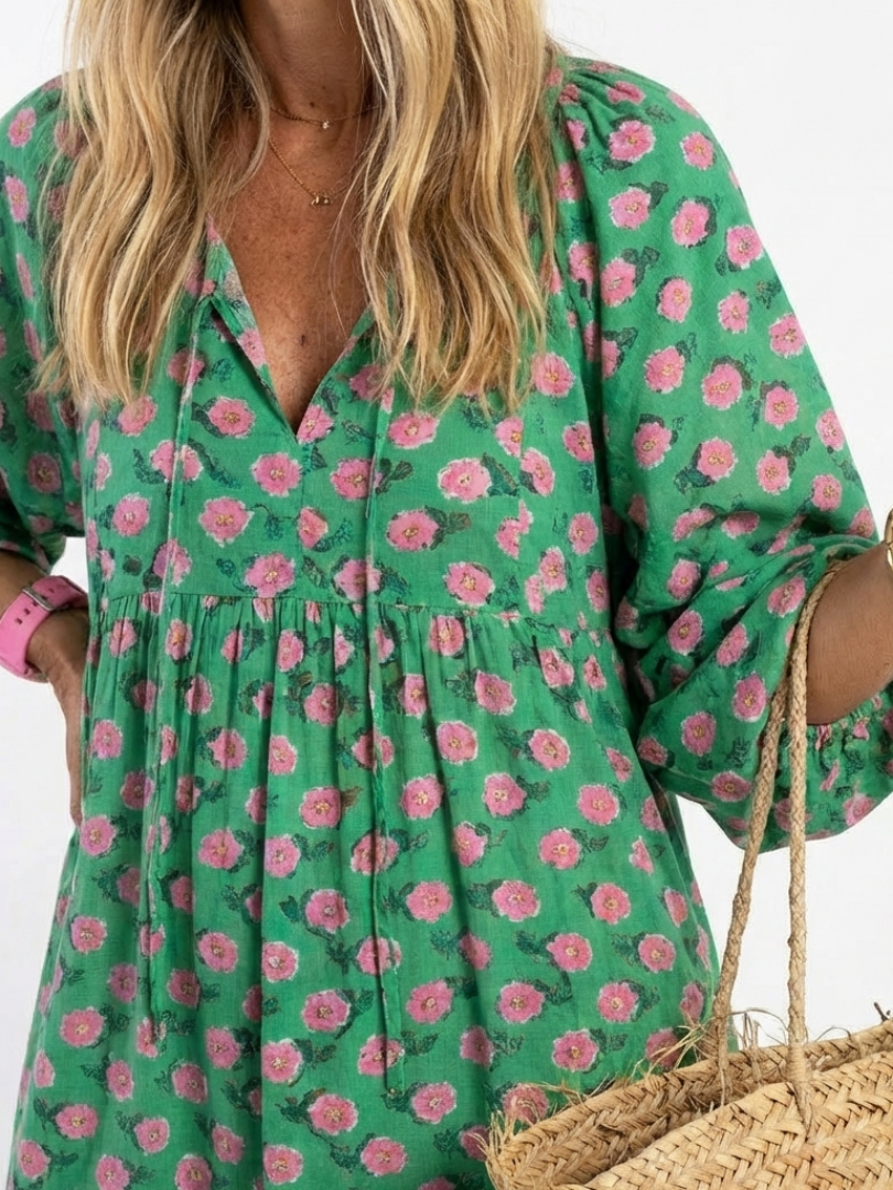 Tovada | Floral Print V Neck Tiered Midi Dress